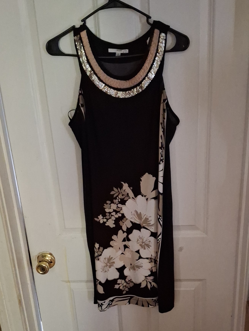 Studio One Black Midi Dress with Cream Floral and Beaded Neckline
